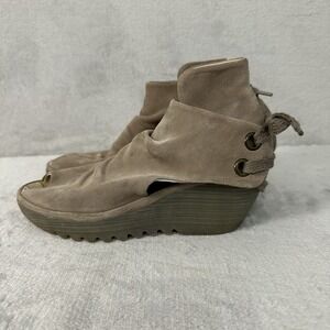 Fly London Leather Wedge Shoes Sz 37 Women's  6.5-7 Beige Tie Back Open Toe